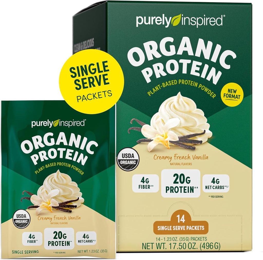 Purely Inspired Organic Protein Powder, 14 Single Serve Packets, Creamy Vanilla - 20g of Plant-Based Protein Powder for Smoothies & Shakes - Dairy-Free, Non-GMO - for Men & Women