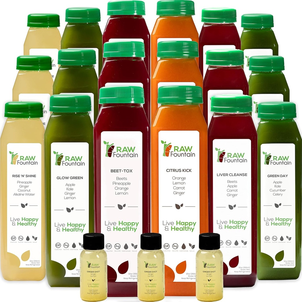 3 Day Juice Cleanse by Raw Fountain, All Natural Raw Detox Cleanse, Juicing for Body Reset, Cold Pressed Juice Fast, Great Way to Jumpstart a Healthy Diet, 18 Bottles 12oz, 3 Ginger Shots
