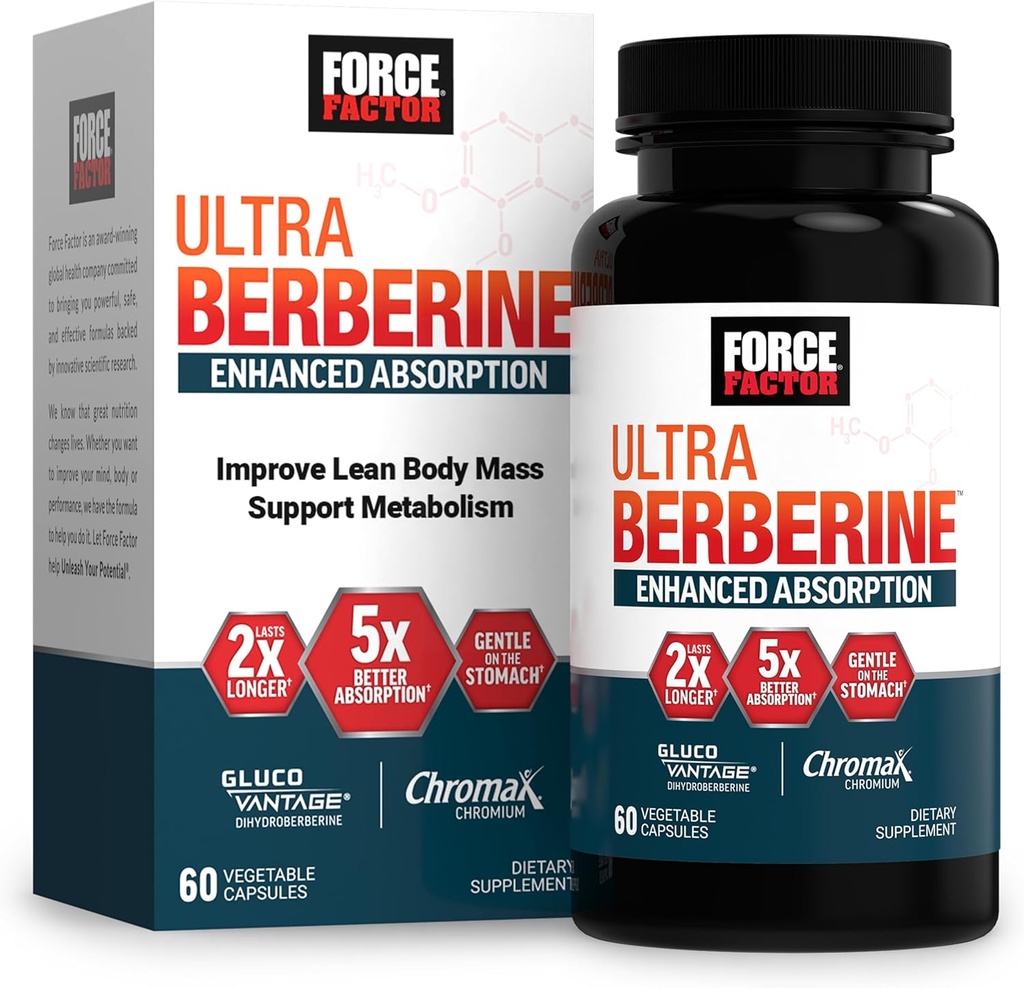Force Factor Ultra Berberine Enhanced Absorption, with Ceylon Cinnamon, Dihydroberberine & Chromium, 5X Absorption, 2X Longer Lasting, Promote Lean Body Mass, 60 Vegetable Capsules