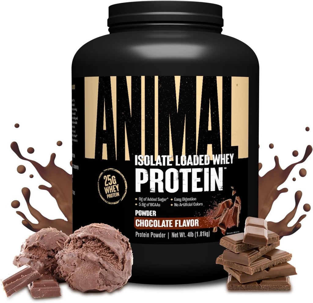 Animal Whey Isolate Protein Powder - Loaded for Pre & Post Workout Muscle Builder and Recovery with Digestive Enzymes for Men & Women - 25g Protein, Great Taste, Low Sugar - Chocolate 4 lbs