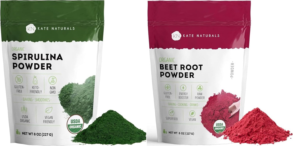 Kate Naturals Organic Spirulina Powder and Beet Root Powder Bundle