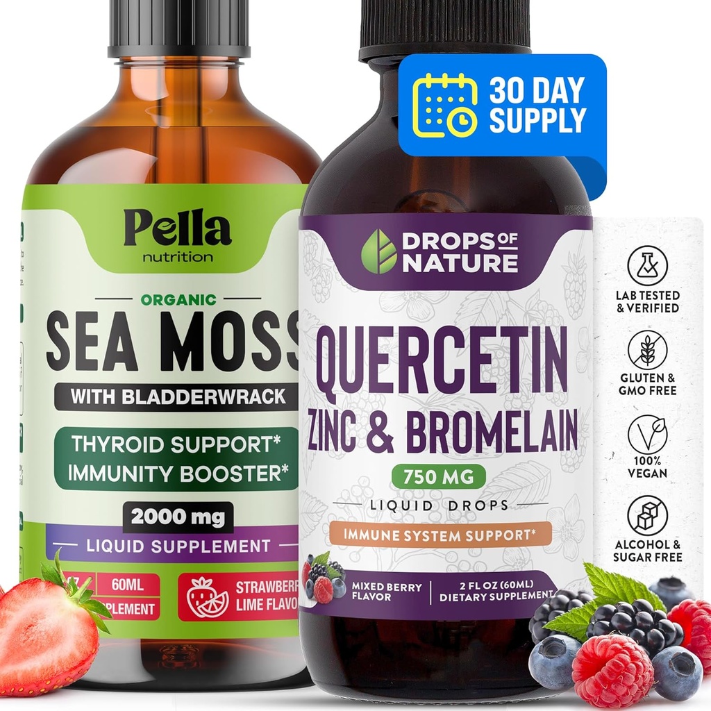 Drops Of Nature Quercetin Liquid Drops 750mg | Pella Nutrition Sea Moss Organic Liquid Drops 1000mg | Bundle