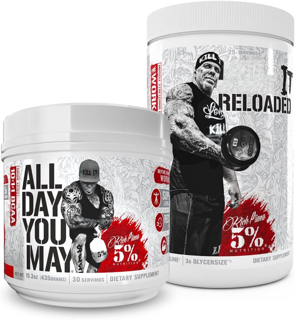 5% Nutrition Rich Piana Bundle | AllDayYouMay BCAA Powder + Kill It Reloaded High-Stim Pre-Workout (Fruit Punch)
