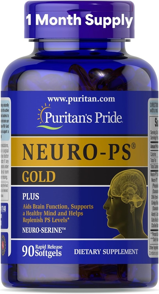 Puritan's Pride Neuro-PS® Gold Plus Neuro-Serine™ with Gingko Biloba and DHA, Advanced Dietary Supplement for Brain Function, Health, and Memory Support, 1 Month Supply, 90 Rapid Release Softgels