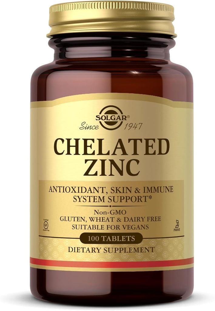 Solgar Chelated Zinc, 100 Tablets - Zinc for Healthy Skin - Supports Cell Growth & DNA Formation - Exerts Antioxidant Activity - Supports A Healthy Immune System - Non GMO, Gluten Free - 100 Servings
