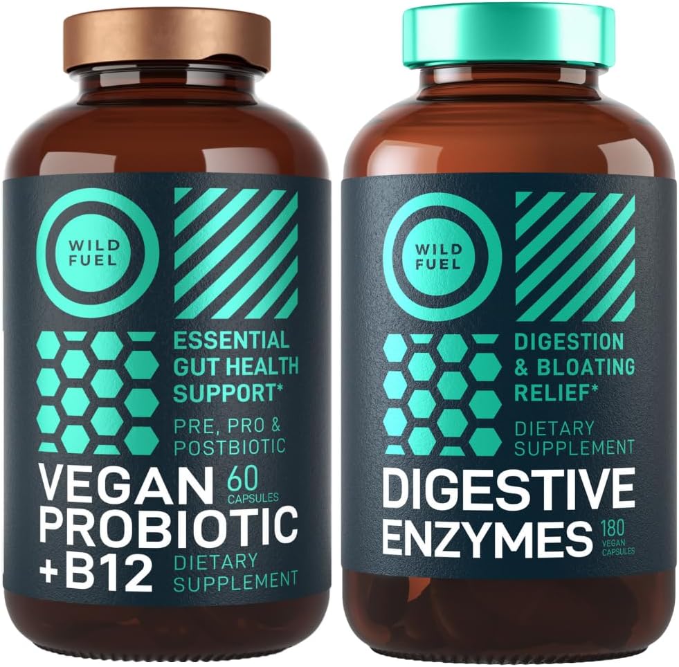 Digestive Enzymes with Probiotics and Prebiotics and Vegan Probiotic Plus B12 Enhanced Digestive and Gut Health Bundle