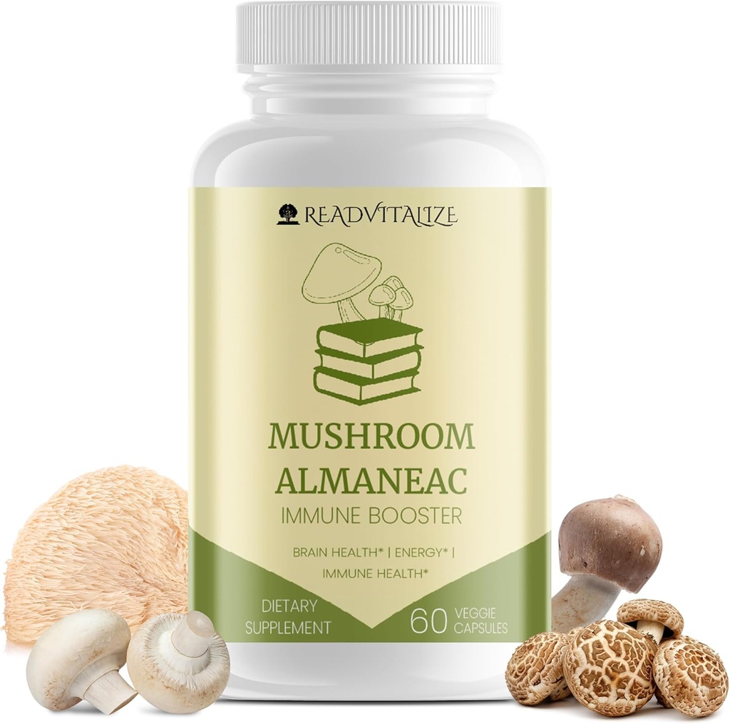 Mushroom Almaneac Nootropics Brain Support Supplement, Boosts Energy, Focus, Immune Support - with Lions Mane, Cordyceps, Turkey Tail, Shiitake Mushrooms - 60 Capsules