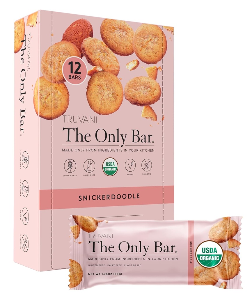 Truvani Plant Based Snack Bars | Snickerdoodle 12 Pack | 5g Protein | USDA Organic and Vegan | The Only Bar | Dairy, Soy, and Gluten Free | Individually Wrapped