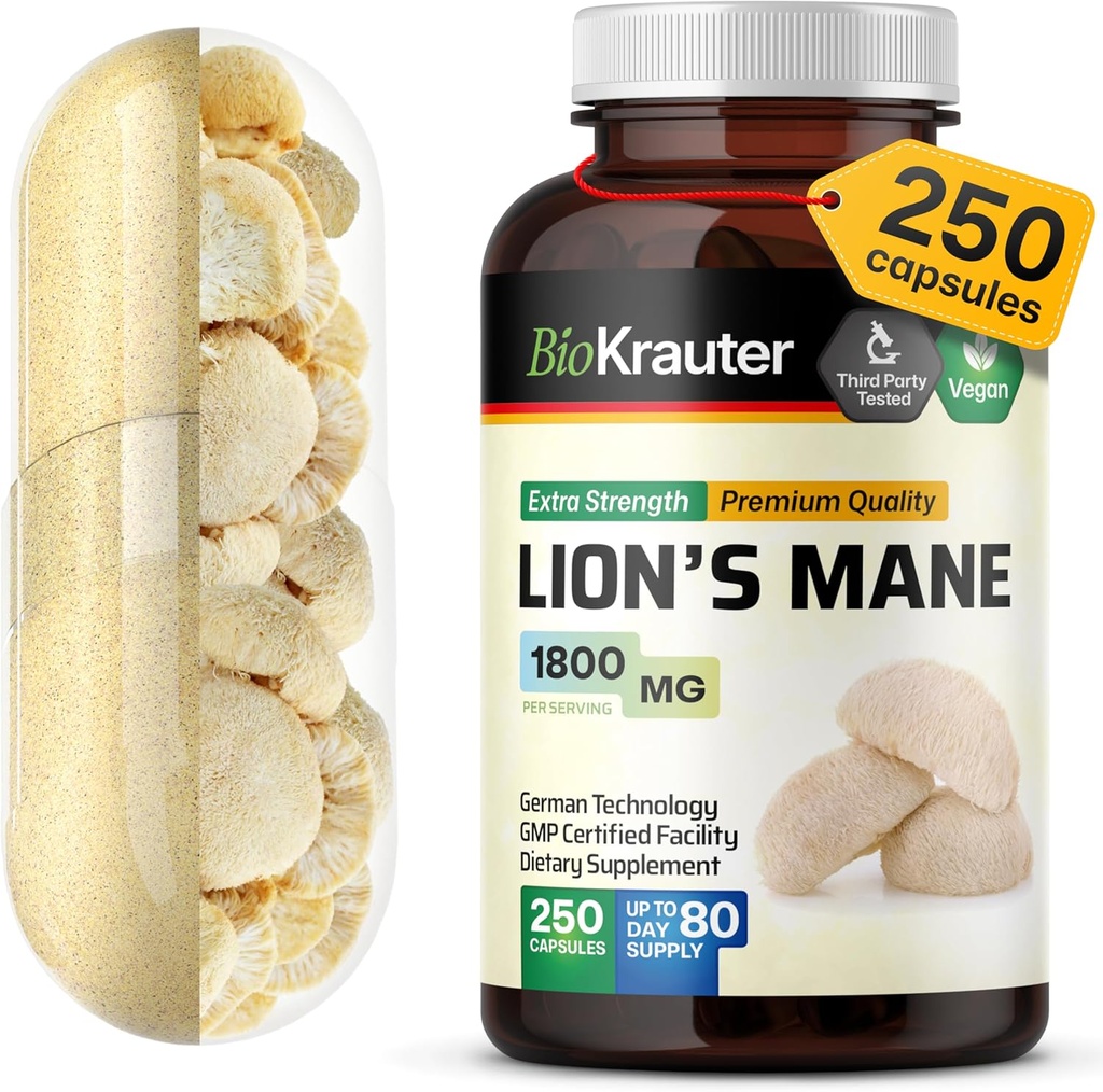 BIO KRAUTER Lions Mane Supplement Capsules 1800 mg - 250 Count - Vegan Lions Mane Powder Supplement for Brain Support - 3 Month Supply - No Fillers