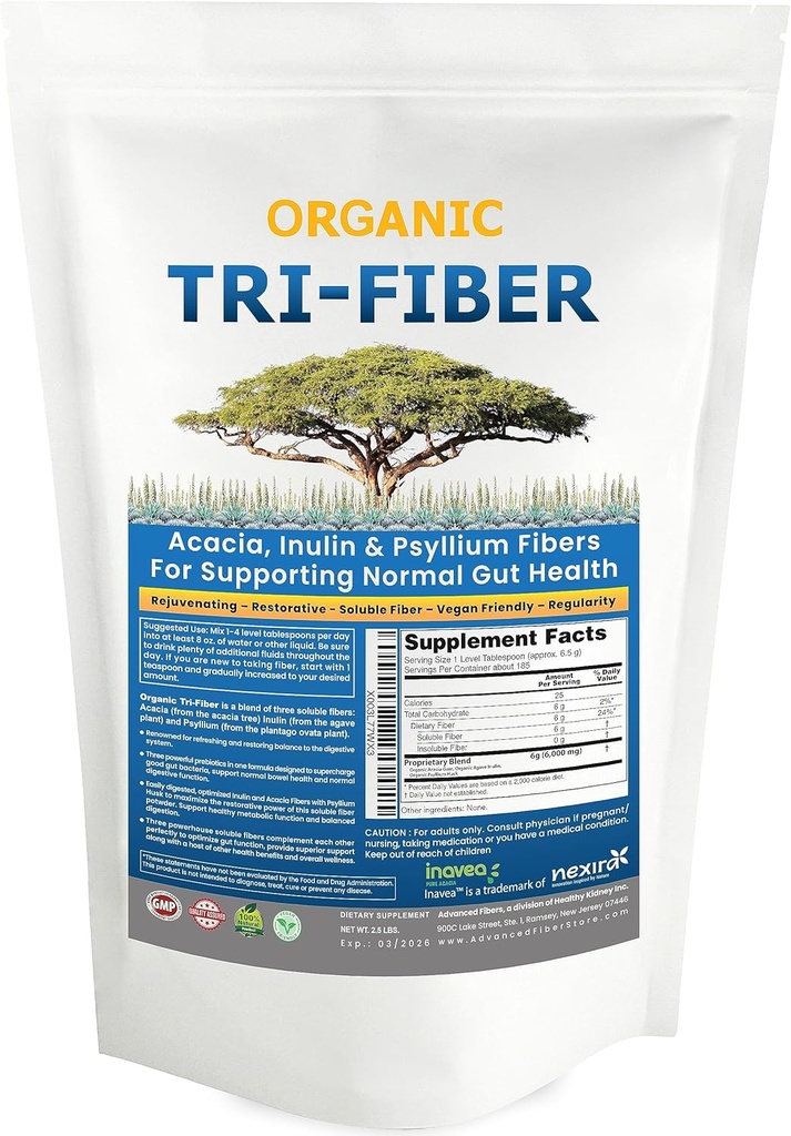 Tri-Fiber Organic Soluble Fiber Powder, Unflavored High Fiber 3-in-1 Soluble Fiber Supplement for Digestive Support. Dietary Fiber 2.5 lbs (40oz)