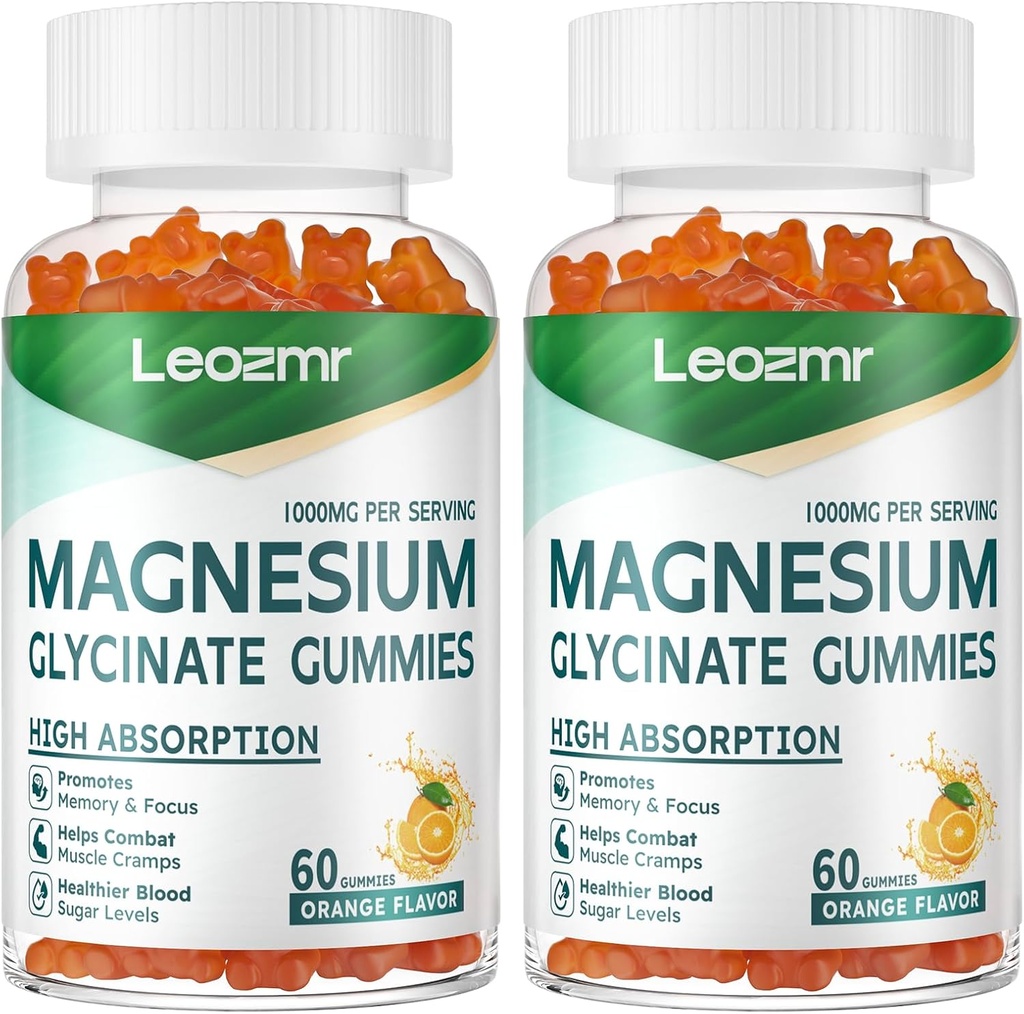 Magnesium Glycinate Gummies 1000mg - Sugar Free Magnesium Potassium Supplement with Vitamin D, B6, CoQ10 for Calm Mood & Sleep Support - 120 Orange Gummies