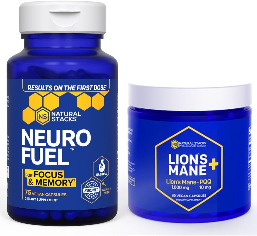 NATURAL STACKS Lions Mane Mushroom + NeuroFuel Nootropic Supplement Bundle - Supports Memory, Focus & Learning - 135 Capsules