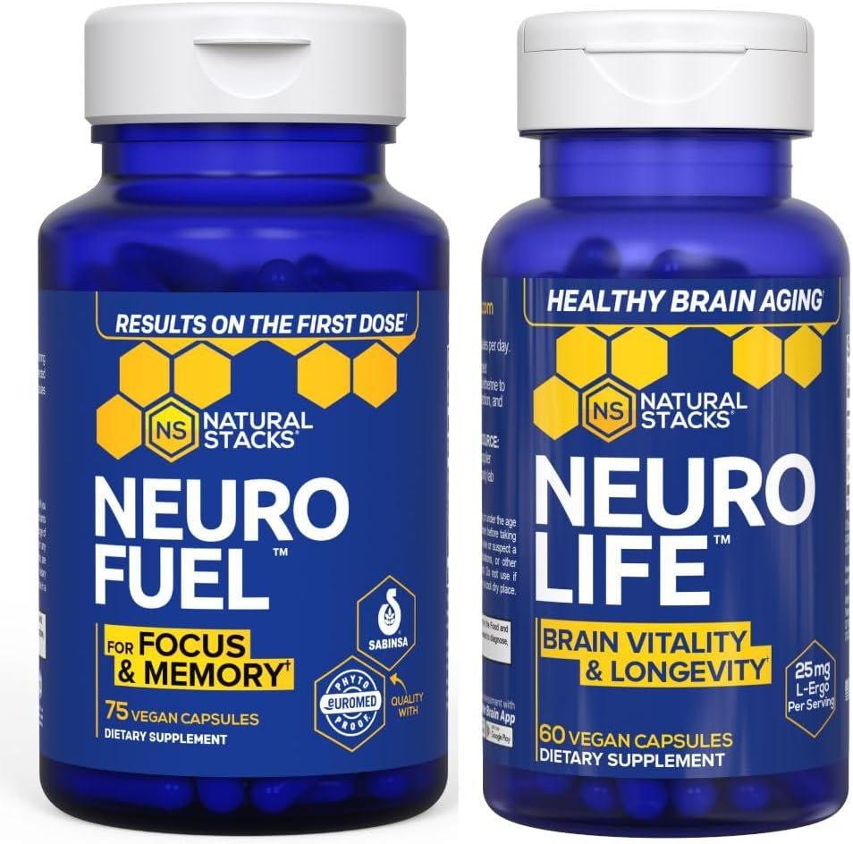NATURAL STACKS NeuroFuel Nootropic + NeuroLife Bundle - Supports Focus, Memory & Brain Longevity* - Brain Health Supplements - 135 Total Capsules