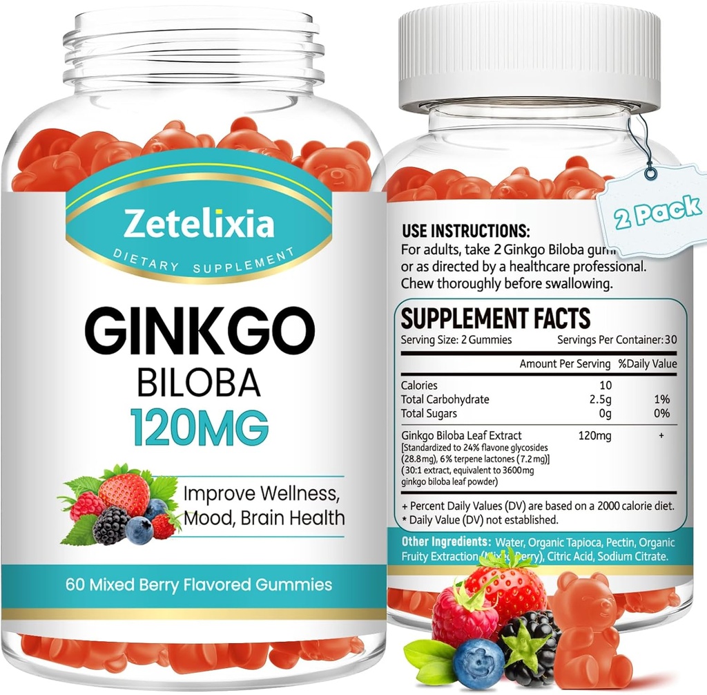 2 Pack Ginkgo Biloba Gummies for Women and Men, Brain Supplement Improve Better Mood and Focus, Vegan Mixed Berry Flavor 120 Count