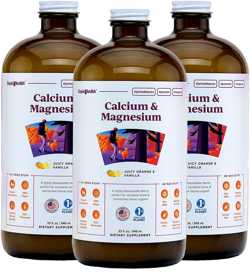 LIQUIDHEALTH Calcium & Magnesium Adult Liquid Vitamin Supplement - Bone, Joint, Muscle, Connective Tissue Support, Heart Health, Essential Nutrients - Made in USA, Vegan, Non GMO, No Sugar (3 Pack)