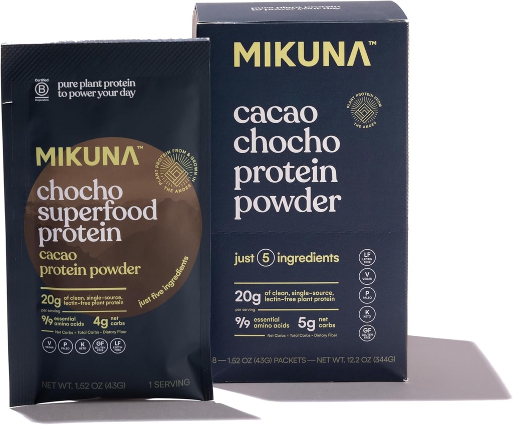 Mikuna Chocho Superfood Protein, Plant-Based Protein Powder, Travel Packs - Vegan, Gluten Free, 3g Net Carbs or Less, and Bioavailable, Non-Isolate (8 Servings, Cacao)