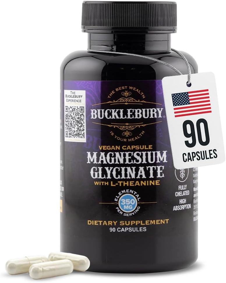 Bucklebury Magnesium Glycinate Capsules with L-Theanine 350mg - Advanced Formula for Stress Relief, Muscle & Bone Health Support - Magnesium Glycinate Supplements for Women & Men - Vegan 90 Count
