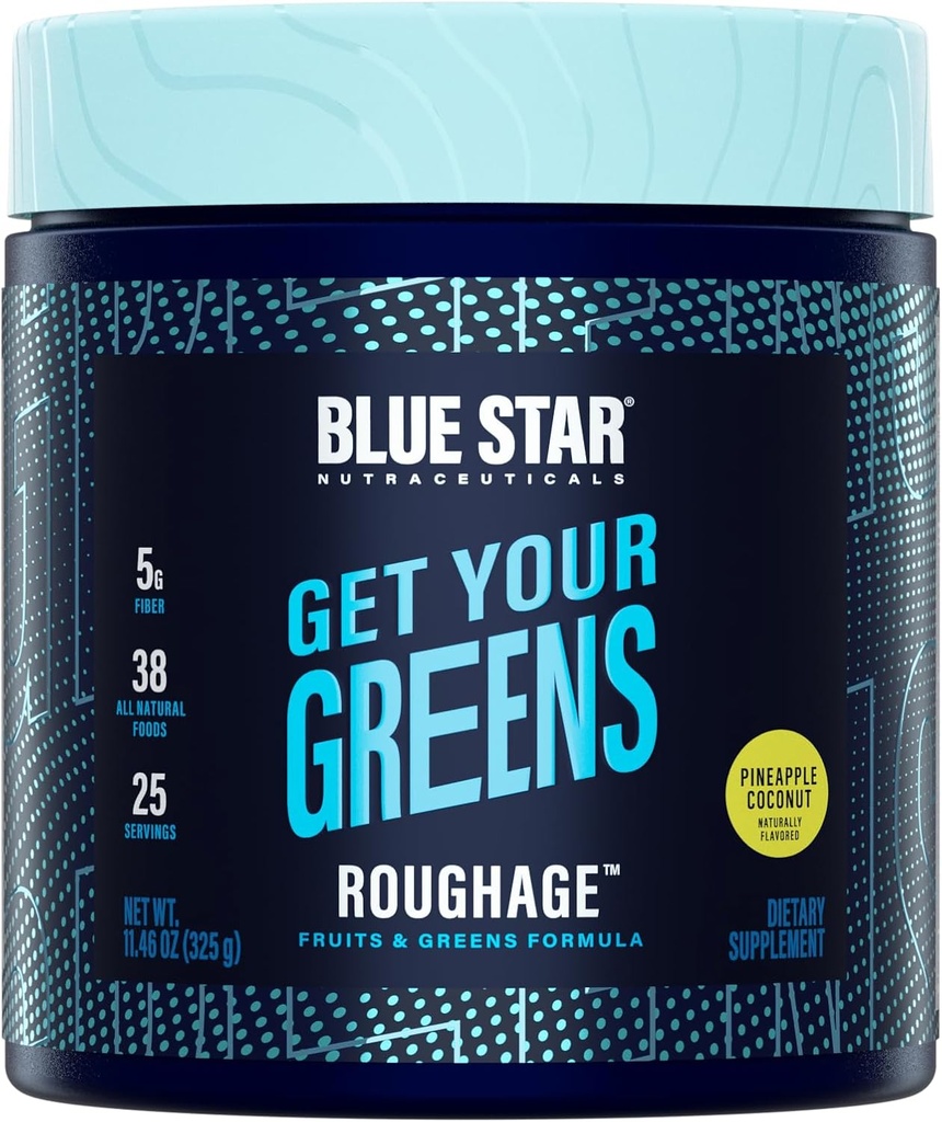 Blue Star Nutraceuticals ROUGHAGE - 38 Fruits & Greens Superfood Powder | No Artificial Flavors or sweeteners | Amazing Taste (Pineapple Coconut)