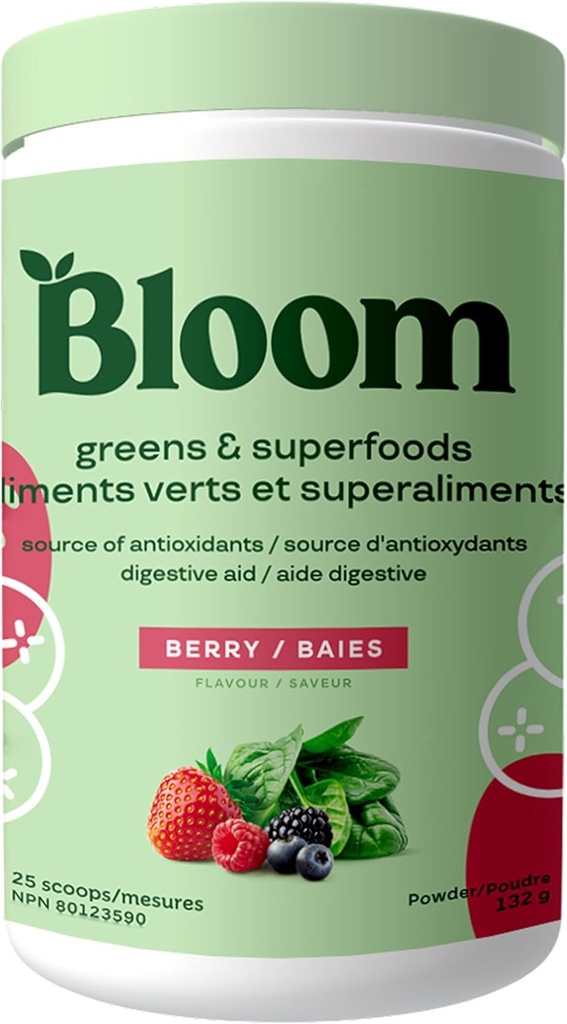 Bloom Nutrition Superfood Greens Powder, Digestive Enzymes with Probiotics and Prebiotics, Gut Health, Bloating Relief for Women, Chlorella, Green Juice Mix with Beet Root Powder, 25 SVG, Berry
