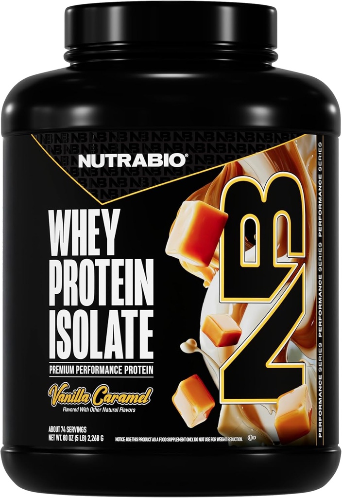 NutraBio 100% Whey Protein Isolate Protein Powder, 25g Protein with Complete Amino Acid Profile, Non-GMO, Soy & Gluten Free, Low Carb, Low Calorie Whey Protein Powder, Vanilla Caramel, 5 Lbs