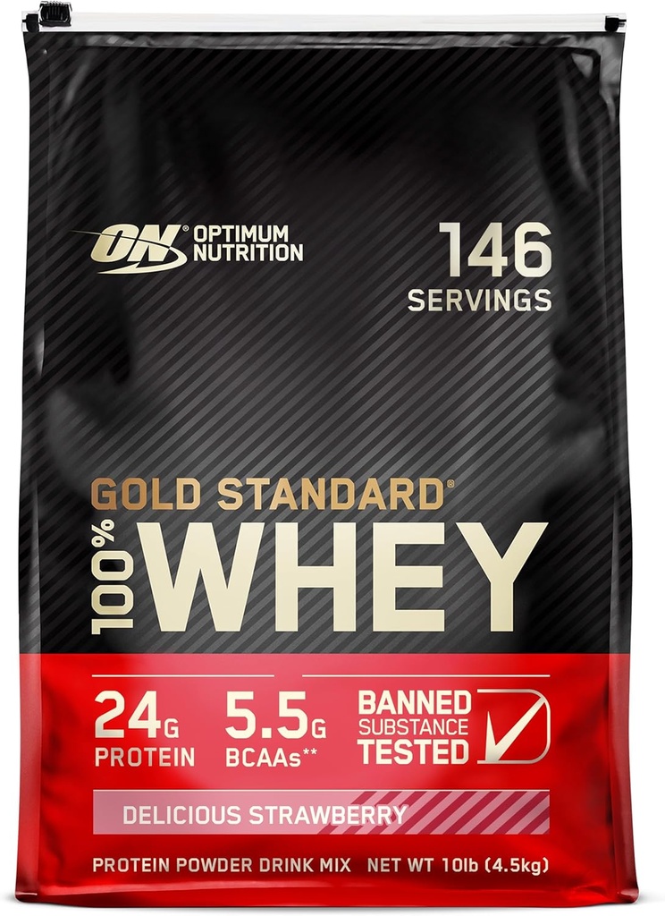 Optimum Nutrition Gold Standard 100% Whey Protein Powder, Delicious Strawberry, 10 Pound (Packaging May Vary)