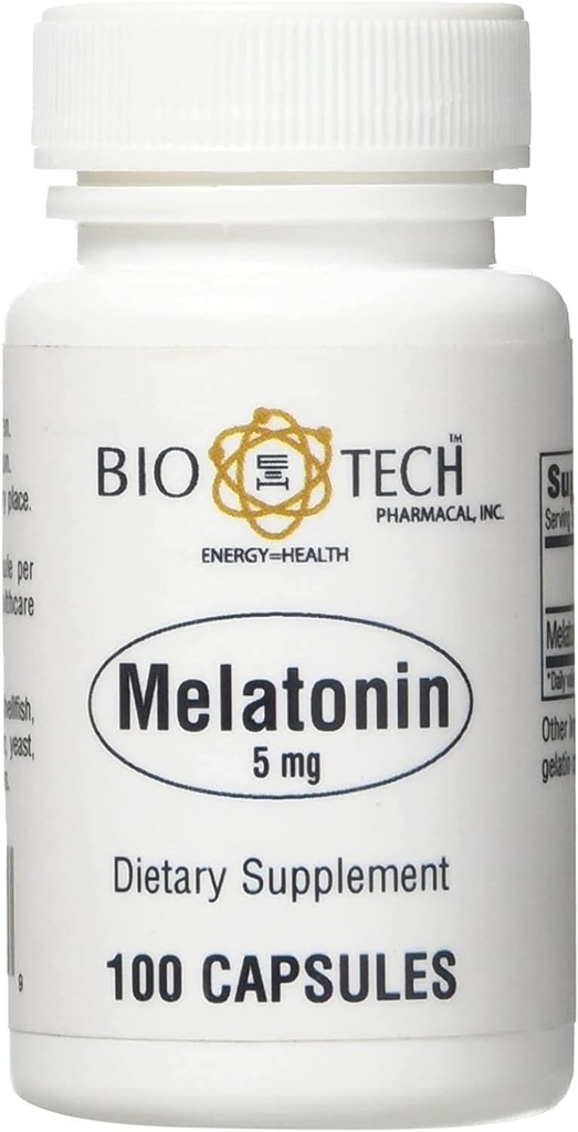 Bio-Tech Pharmacal Melatonin (5 mg), 100 Capsules – All-Natural Supplement – Support Sleep, Cardiovascular, Immune, & Bone Health – No Dairy, Fish, Gluten, Peanut, Shellfish, GMOS, & Soy – No