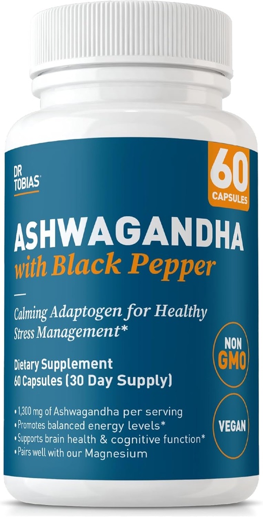 Dr. Tobias Ashwagandha Capsules, 1300mg Organic Ashwagandha Root Extract Per Serving with Black Pepper, Calming Adaptogen, Energy & Focus Supplement, 60 Vegetarian Capsules