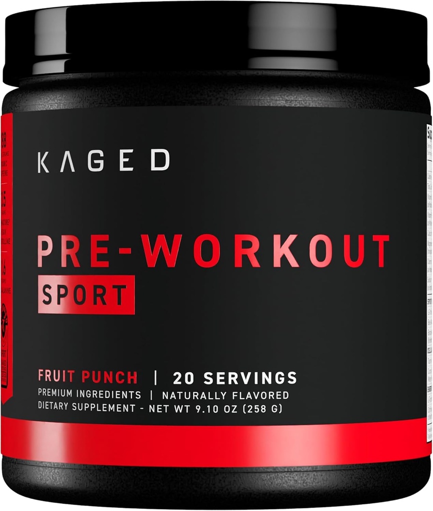 Kaged Sport Pre Workout Powder for Men & Women, Fruit Punch, Sport Certified, 188mg Caffeine, Nitric Oxide Supplement, Beta Alanine for Energy, Weightlifting, Cardio Endurance & Strength, 20 Servings