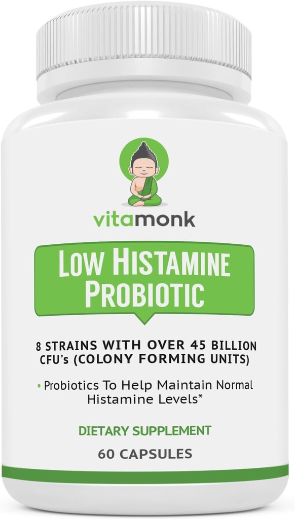 VitaMonk Low Histamine Probiotics Fight Histamine Intolerance and Support Balanced Gut Health - Histamine Free Probiotic for Those Seeking Health Improvements with Histamine Control -60 Capsules