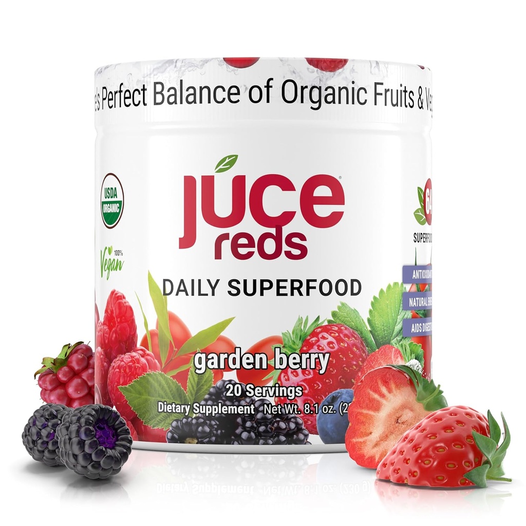 Terra Kai Organics JUCE Reds Organic Superfood Powder - Garden Berry Flavor | Fruit & Veggie Powder for Everyone w/64 Immune Boosting Superfood Plus Probiotics for Gut Health | 20 Servings (230g)