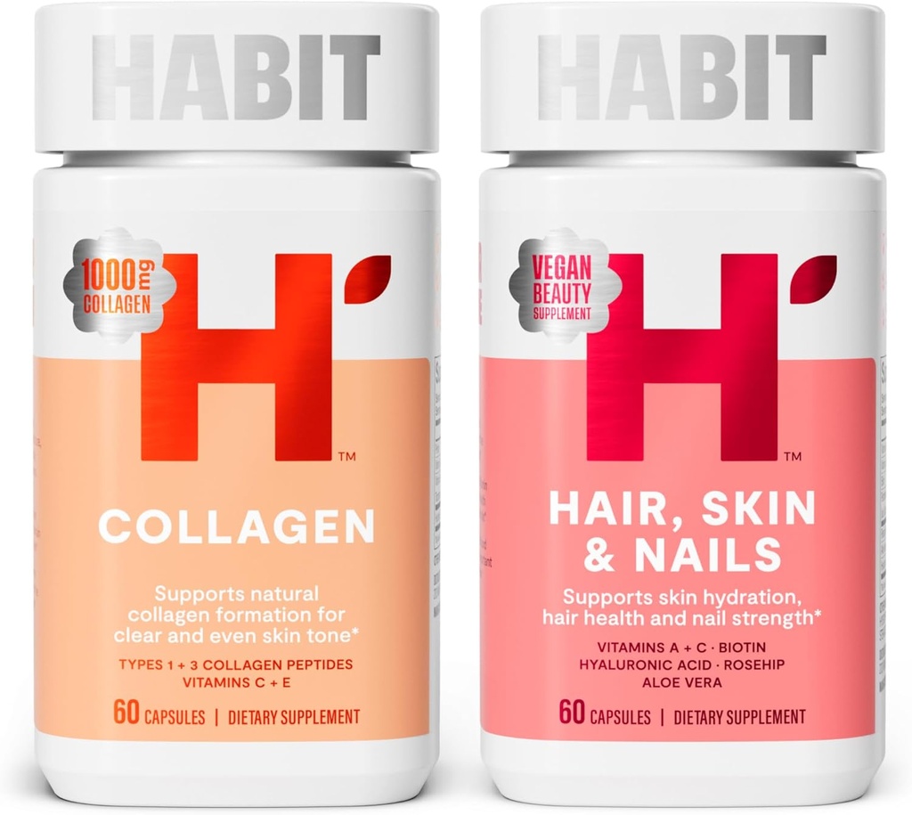 Habit Inner Beauty Bundle - Collagen (60 Capsules) + Hair Skin & Nails (60 Capsules), Supports Skin Hydration & Integrity, Hair & Nail Strength, Non GMO