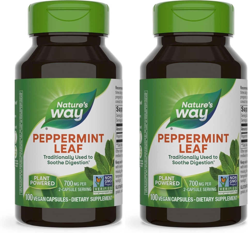 Nature's Way Premium Herbal Peppermint Leaf, Traditional Digestive Soothing and Discomfort Support*, 700mg per Serving, 100 Capsules (Pack of 2)