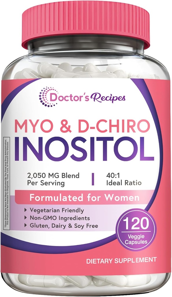 Doctor's Recipes Inositol Supplement for Women, Myo-Inositol & D-Chiro Inositol Capsules 2050mg per Serving, Ideal 40:1 Blend, 120 Vegan Caps