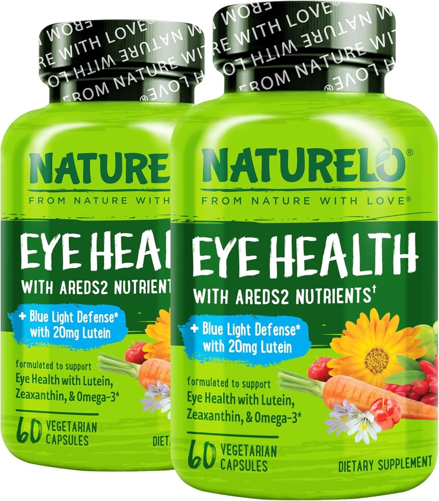 NATURELO Eye Vitamins - AREDS 2 Formula Nutrients with Lutein, Zeaxanthin, Vitamin C, E, Zinc, Plus DHA - Supplement for Dry Eyes, Healthy Vision, Eye Support - 60 Vegan Capsules (Pack of 2)