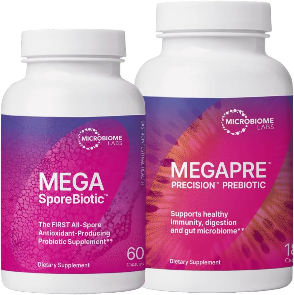 Microbiome Labs MegaSporeBiotic (60 Capsules) + MegaPre (180 Capsules) Probiotic Prebiotic Bundle - Spore-Based Probiotic with Prebiotic Fiber Supplement