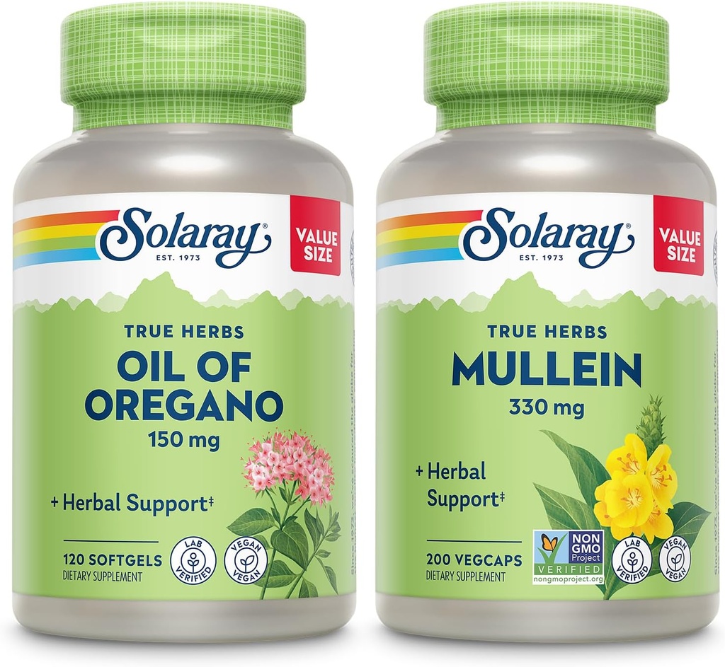 SOLARAY Oil of Oregano Softgels 150 mg and Mullein Leaf 330 mg - Wellness Support Bundle - Oregano Oil and Mullein Capsules for Overall Health Support - Vegan, 60-Day Guarantee, 120ct/180ct
