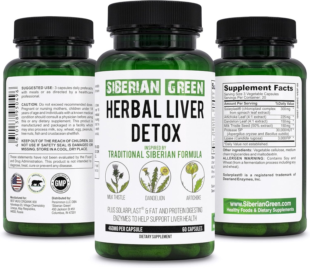 Siberian Green Herbal Liver Detox with Milk Thistle Artichoke Dandelion 60 Capsules – Traditional Siberian Formula Plus Enzymes to Support Liver Health