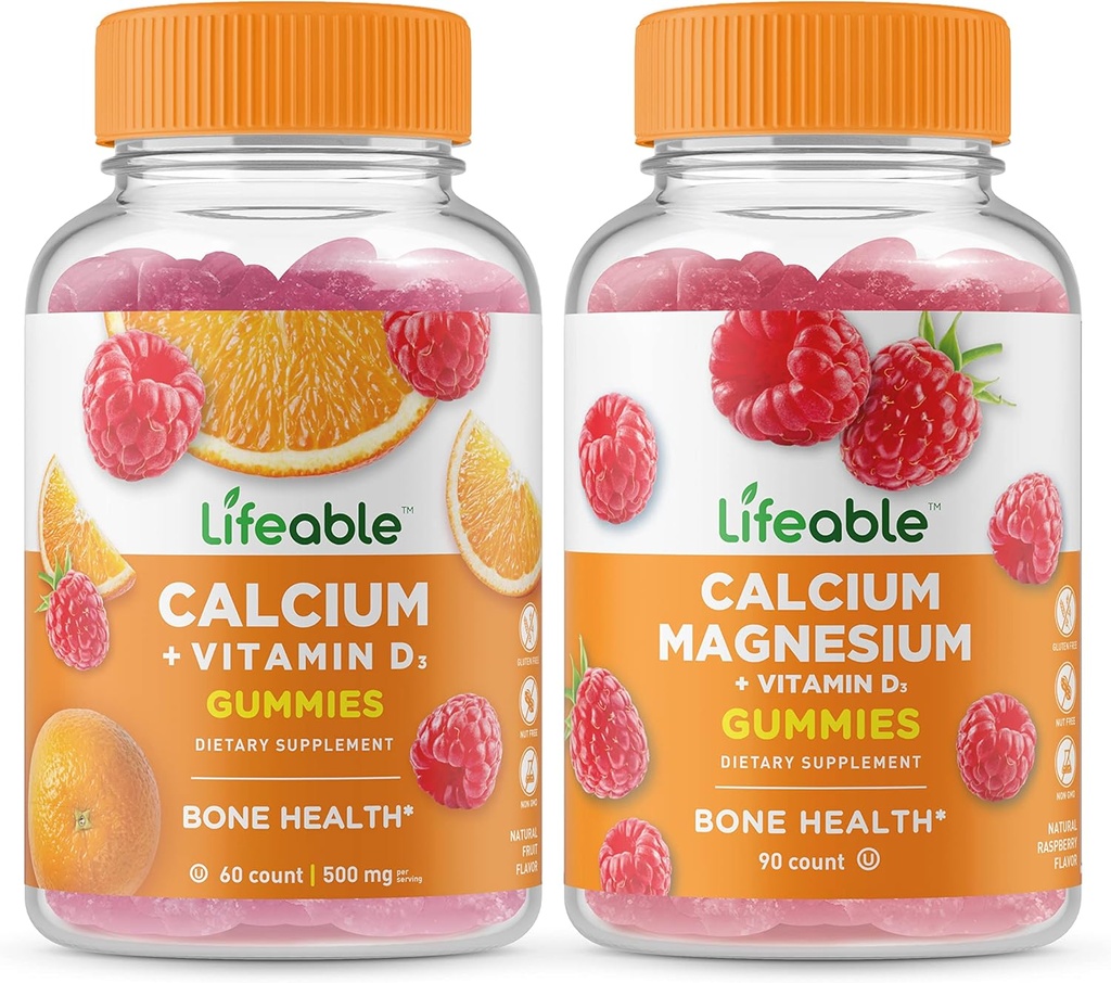 Lifeable Calcium with Vitamin D + Calcium Magnesium, Gummies Bundle - Great Tasting, Vitamin Supplement, Gluten Free, GMO Free, Chewable