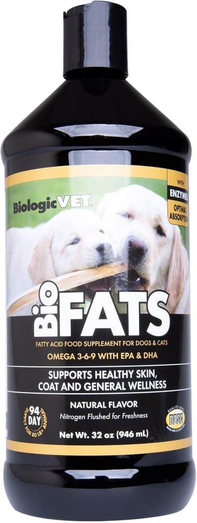 BiologicVET - BioFATS Omega 3-6-9 Fatty Acid with EPA & DHA, Supports Healthy Skin, Coat and General Wellness, 94-Day Supply for 80-lb. Animal, 32-fl. oz. Bottle