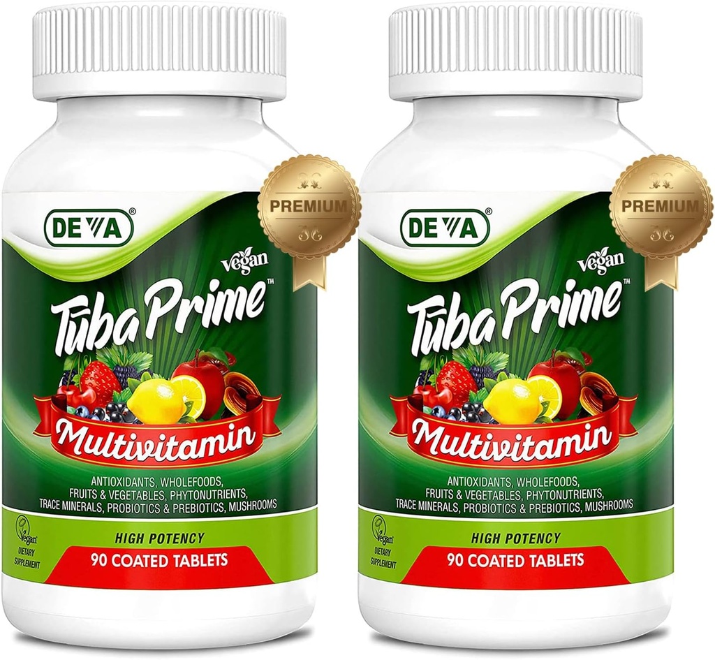 DEVA Tuba Prime Vegan Multivitamin High-Potency Vitamin and Mineral Dietary Supplement Antioxidants, Fruit and Vegetable Blend, Super Mushrooms, Probiotics, Prebiotics, Seeds, Herbs - 90 Tabs, 2-Pack