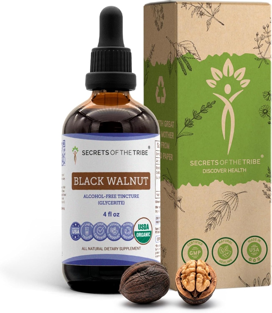 Secrets of the Tribe Black Walnut USDA Organic | Alcohol-Free Extract, High-Potency Herbal Drops | Made from 100% Certified Organic Black Walnut (Juglans Nigra) Dried Hull 4 oz