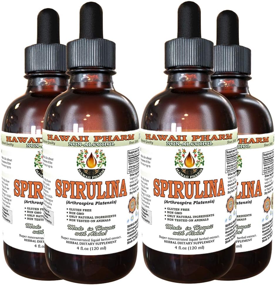 Spirulina Alcohol-Free Liquid Extract, Organic Spirulina (Arthrospira platensis) Dried Algae Glycerite Natural Herbal Supplement, Hawaii Pharm, USA 4x4 fl.oz
