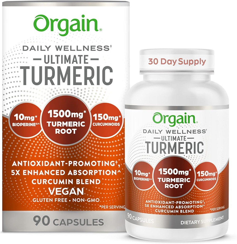 Orgain Ultimate Turmeric Supplement 1500mg, Curcumin and Bioperine Black Pepper Extract Herbal Blend, Supports Antioxidant and Heart Health - 90 Capsules, 1 Month Supply