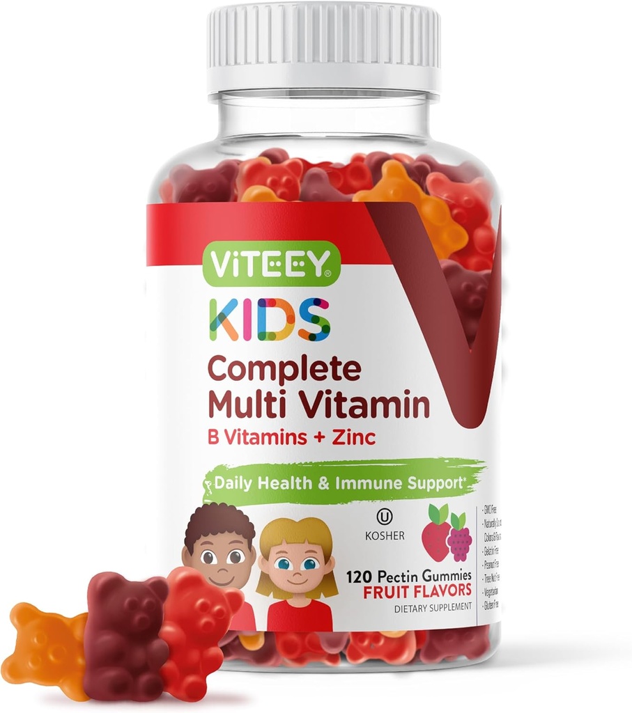 Viteey Kids Multivitamin Gummies, Complete Daily Essential Kids Vitamins - Great for Immune Support & Overall Health - 12 Essential Minerals & Vitamins - Vegetarian, Gelatin Free- Fruit Flavor Gummy