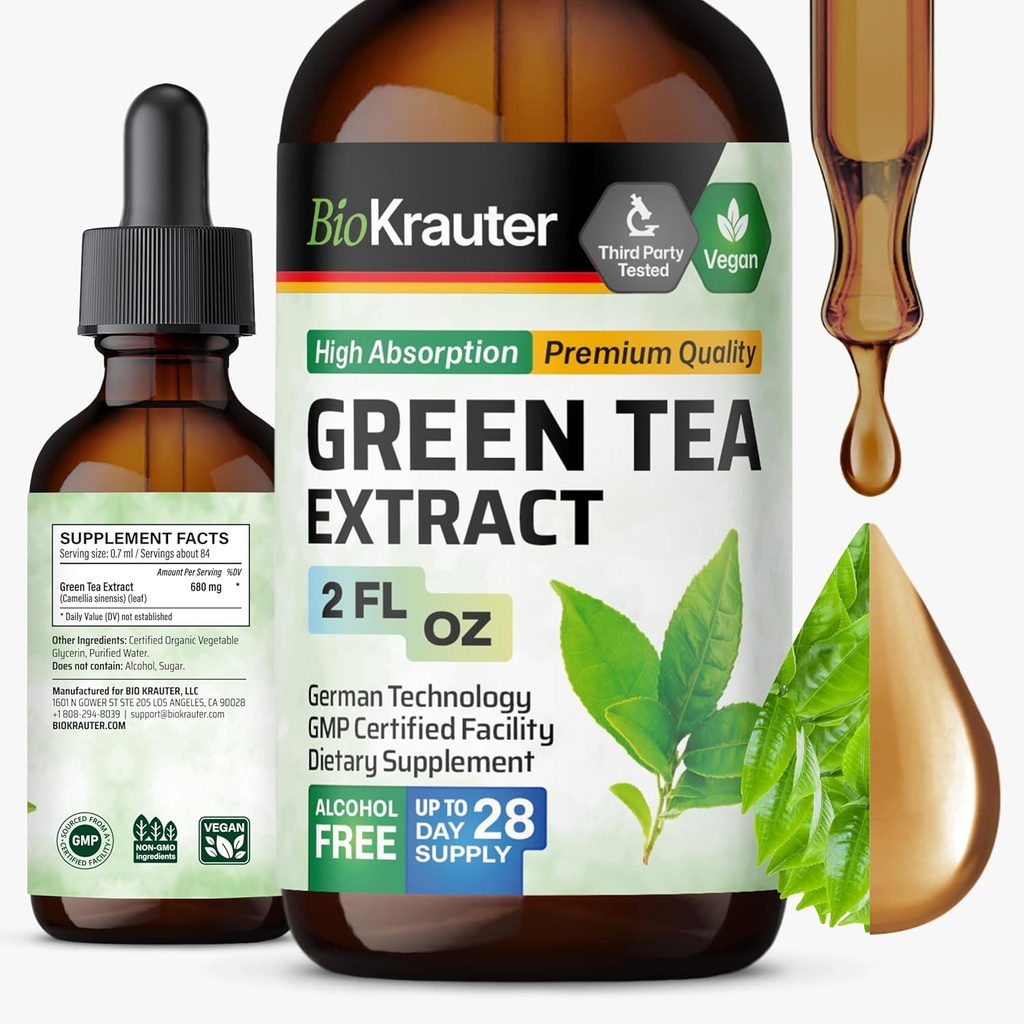 BIO KRAUTER® Green Tea Extract - Liquid Pure Vegan Green Tea Supplement 680 mg per Serving 2 Fl.Oz 28-Day Supply - Natural Antioxidant & Immune Support, Used for Daily Wellness - Alcohol & Sugar Free