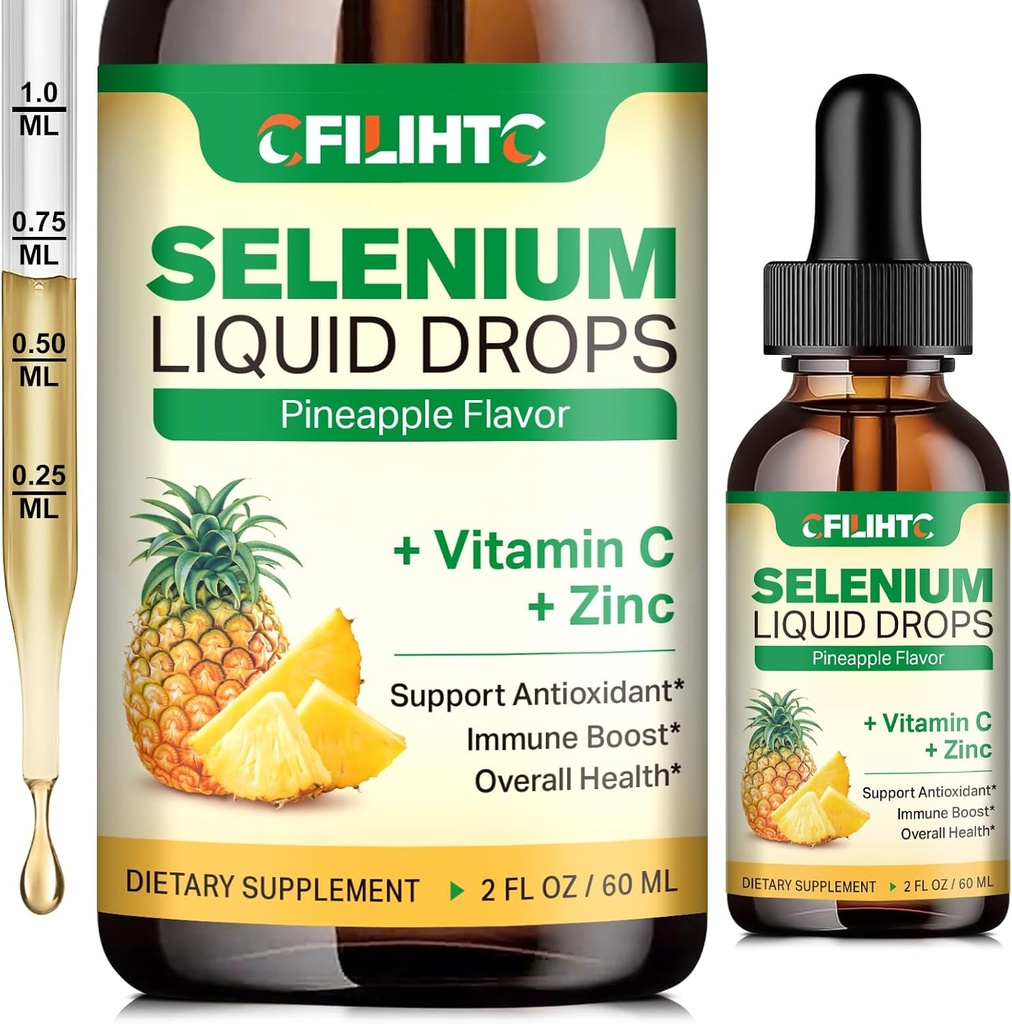 Selenium Liquid Drops, 200mcg Liquid Selenium Supplement with Vitamin C & Zinc, Support for Immune System, Antioxidant & Heart Health, High Absorption, Pineapple Flavor, 2 Fl Oz