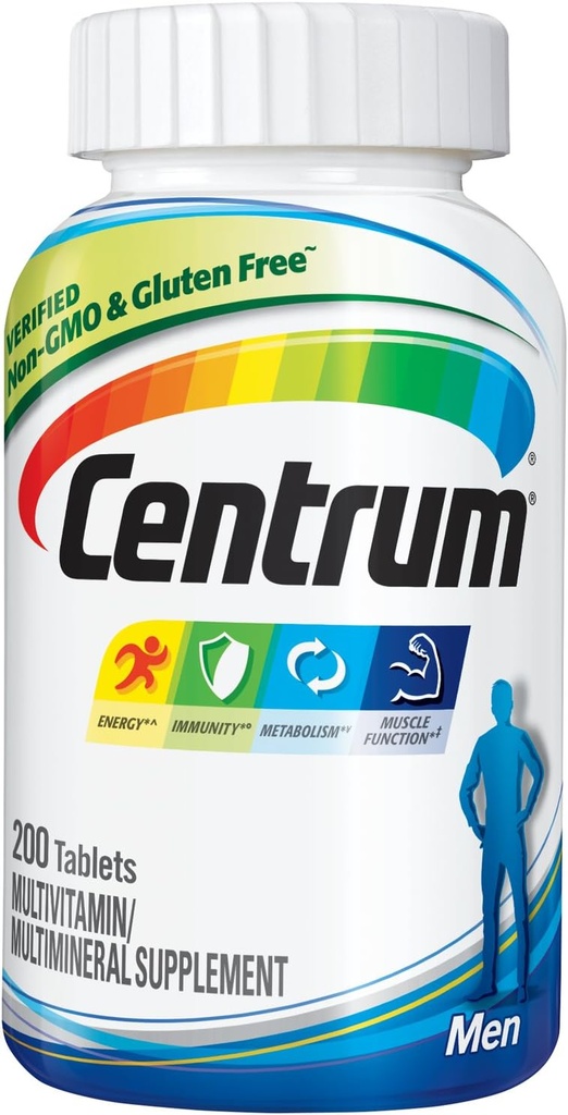 Centrum Multivitamin for Men, Multivitamin/Multimineral Supplement with Vitamin D3, B Vitamins and Antioxidants, Gluten Free, Non-GMO Ingredients, Tablet, 200 Count