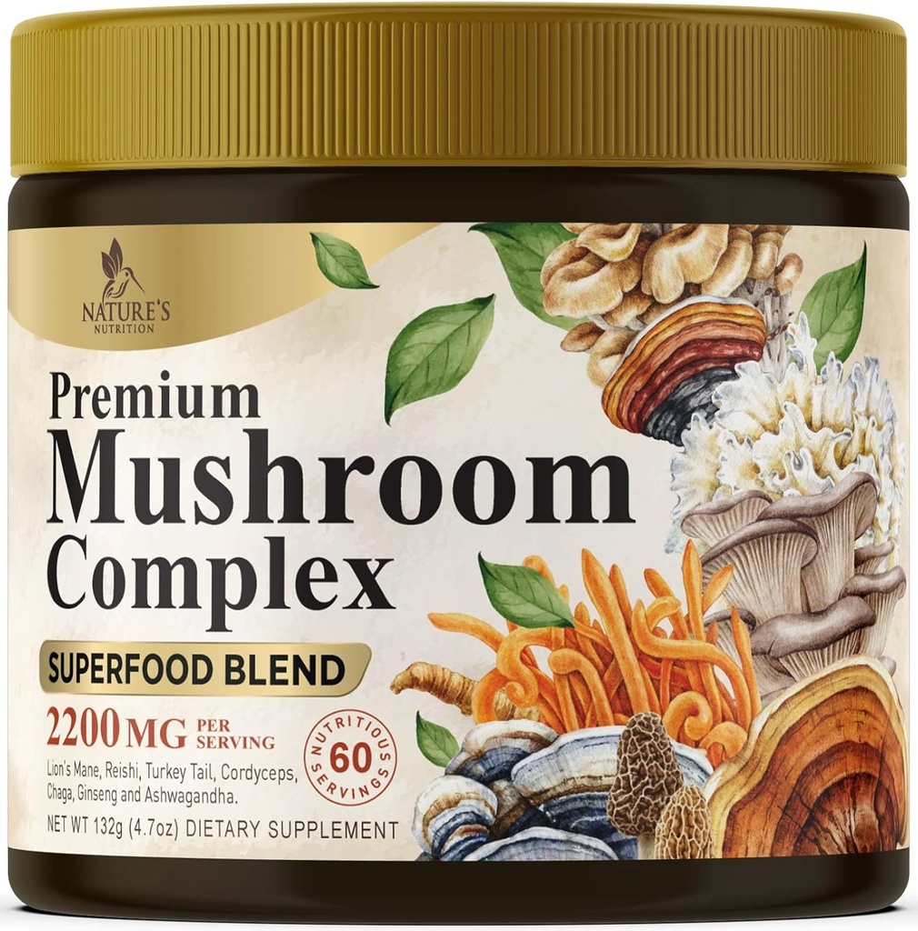 Mushroom Powder Supplement 2200mg - Organic Lions Mane, Reishi, Cordyceps, Chaga, Turkey Tail Mushroom Extract 11 in 1 Blend Complex Formula Powder Supplement for Immune & Brain Support - 60 Servings