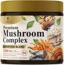 Mushroom Powder Supplement 2200mg - Organic Lions Mane, Reishi, Cordyceps, Chaga, Turkey Tail Mushroom Extract 11 in 1 Blend Complex Formula Powder Supplement for Immune & Brain Support - 60 Servings