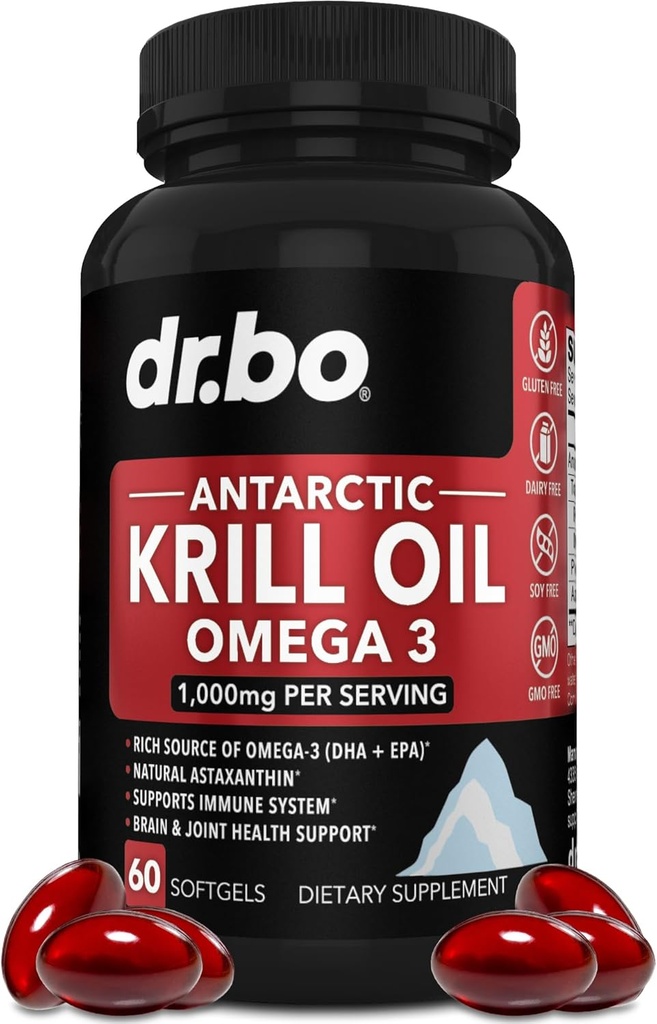 Krill Oil Omega 3 500mg - Antarctic Krill Oil 1000mg Softgels Capsules EPA, DHA, Astaxanthin, Phospholipids - Omega 3 Fatty Acids Supplements, Natural Pure Supplements for Women & Men - 60 Softgels